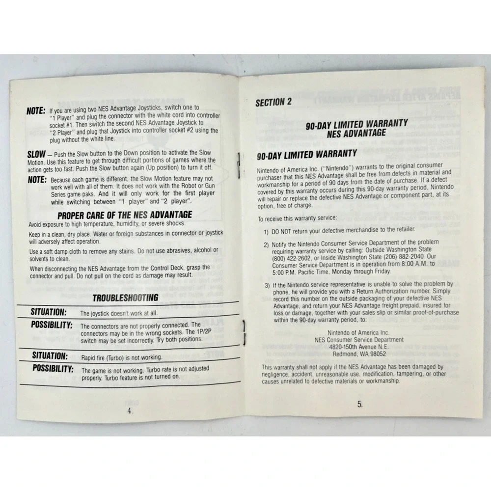 NINTENDO 87' NES Advantage Fight Arcade Stick Instructional Manual See Photo